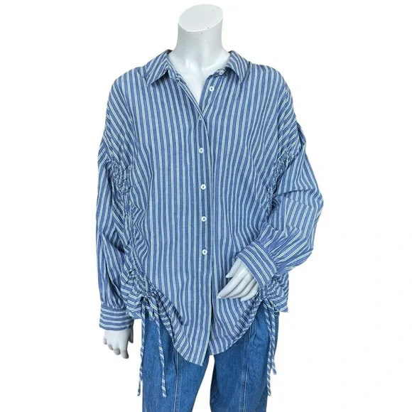 Anthropologie Pilcro Reworked Ruched Blue Pin Striped Button Down Shirt Medium - Picture 2 of 11